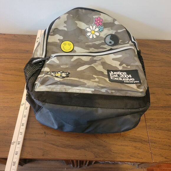 Justice Sport Girls 16 Inch Backpack Green Camo Smile Flower Bookbag Pockets - Picture 6 of 7